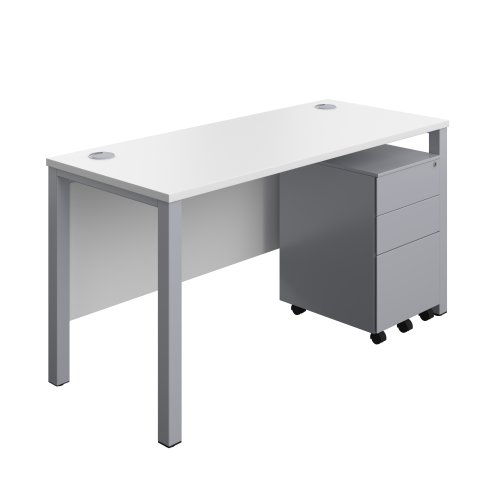 Goal Post Rectangular Desk + 3 Drawer Steel Pedestal (FSC) 1400x600 White/Silver