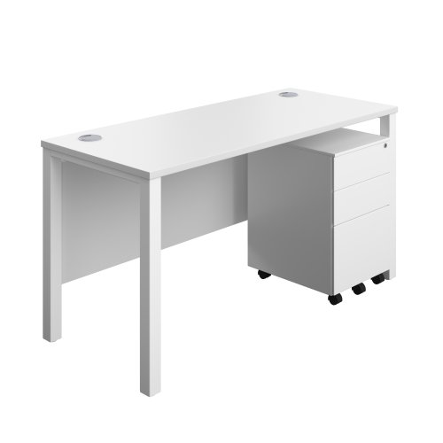 Goal Post Rectangular Desk + 3 Drawer Steel Pedestal (FSC) 1400x600 White/White