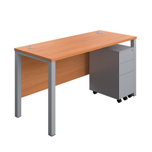Goal Post Rectangular Desk + 3 Drawer Slimline Steel Pedestal (FSC) 1400x600 Beech/Silver
