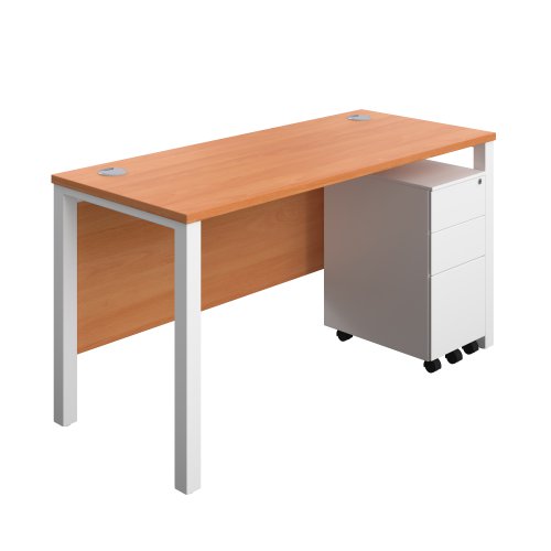Goal Post Rectangular Desk + 3 Drawer Slimline Steel Pedestal (FSC) 1400x600 Beech/White