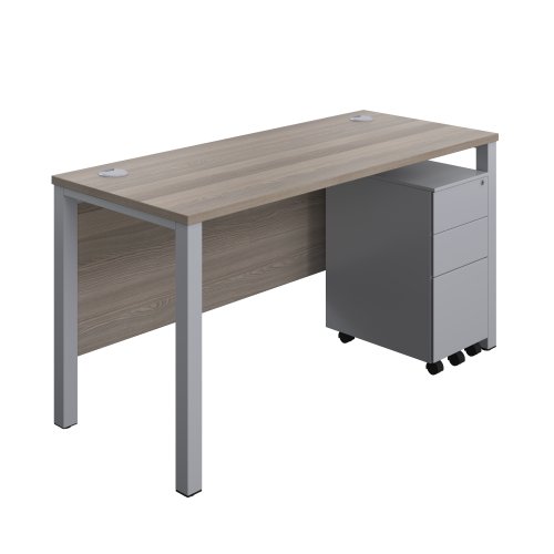 Goal Post Rectangular Desk + 3 Drawer Slimline Steel Pedestal (FSC) 1400x600 Grey oak/Silver