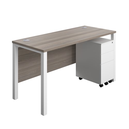 Goal Post Rectangular Desk + 3 Drawer Slimline Steel Pedestal (FSC) 1400x600 Grey oak/White