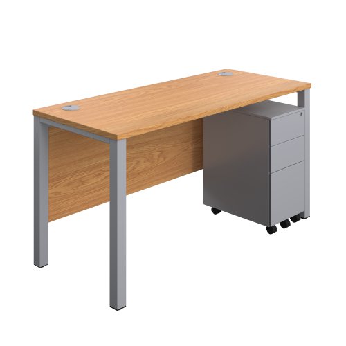 Goal Post Rectangular Desk + 3 Drawer Slimline Steel Pedestal (FSC) 1400x600 Nova oak/Silver
