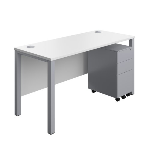 Goal Post Rectangular Desk + 3 Drawer Slimline Steel Pedestal (FSC) 1400x600 White/Silver