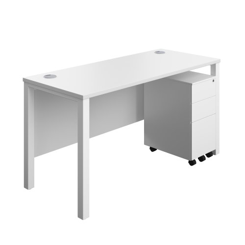 Goal Post Rectangular Desk + 3 Drawer Slimline Steel Pedestal (FSC) 1400x600 White/White