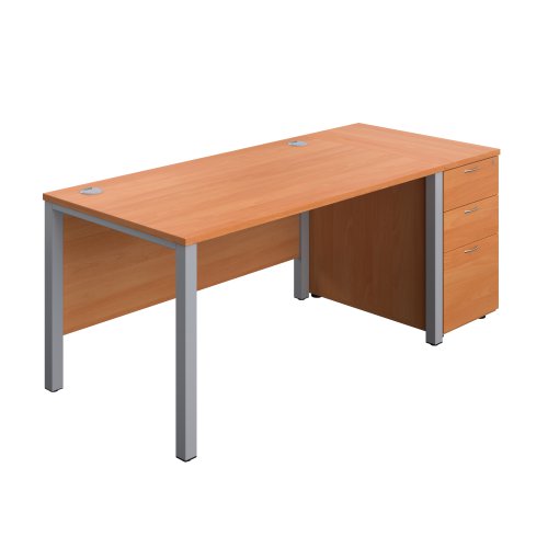 Goal Post Rectangular Desk + 3 Drawer Desk High Pedestal (FSC) 1400x800 Beech/Silver