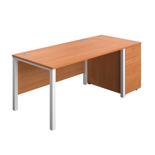 Goal Post Rectangular Desk + 3 Drawer Desk High Pedestal (FSC) 1400x800 Beech/White