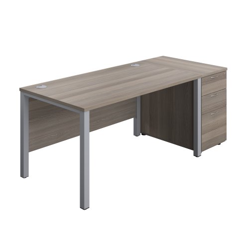 Goal Post Rectangular Desk + 3 Drawer Desk High Pedestal (FSC) 1400x800 Grey oak/Silver