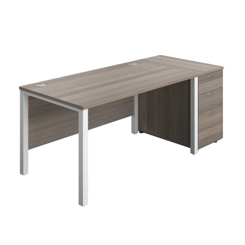 Goal Post Rectangular Desk + 3 Drawer Desk High Pedestal (FSC) 1400x800 Grey oak/White