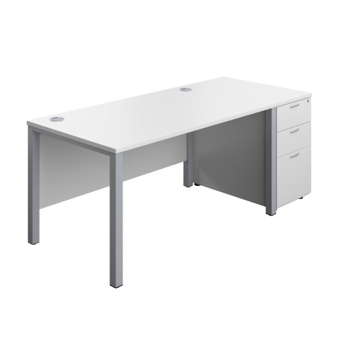 Goal Post Rectangular Desk + 3 Drawer Desk High Pedestal (FSC) 1400x800 White/Silver