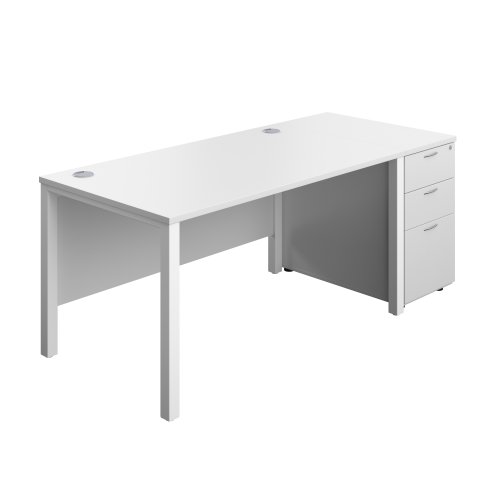 Goal Post Rectangular Desk + 3 Drawer Desk High Pedestal (FSC) 1400x800 White/White