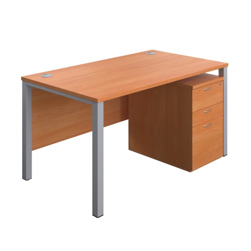 Goal Post Rectangular Desk + 3 Drawer High Mobile Pedestal (FSC) 1400x800 Beech/Silver