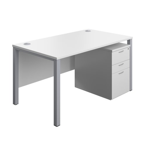 Goal Post Rectangular Desk + 3 Drawer High Mobile Pedestal (FSC) 1400x800 White/Silver