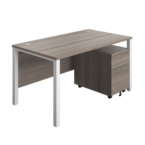 Goal Post Rectangular Desk + 2 Drawer Mobile Pedestal (FSC) 1400x800 Grey oak/White