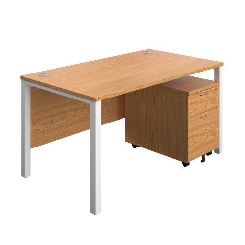 Goal Post Rectangular Desk + 2 Drawer Mobile Pedestal (FSC) 1400x800 Nova oak/White