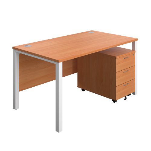 Goal Post Rectangular Desk + 3 Drawer Mobile Pedestal (FSC) 1400x800 Beech/White