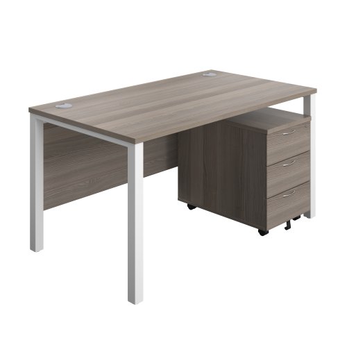Goal Post Rectangular Desk + 3 Drawer Mobile Pedestal (FSC) 1400x800 Grey oak/White