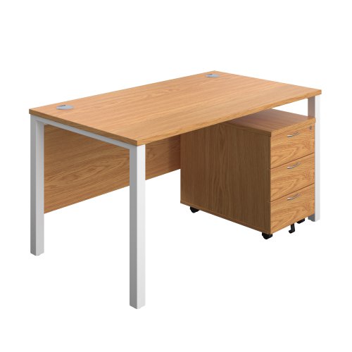 Goal Post Rectangular Desk + 3 Drawer Mobile Pedestal (FSC) 1400x800 Nova oak/White