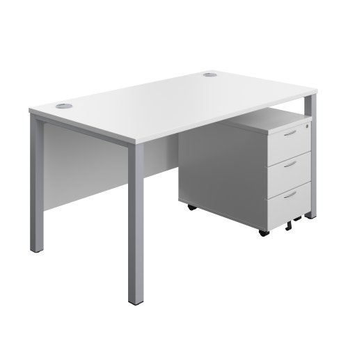 Goal Post Rectangular Desk + 3 Drawer Mobile Pedestal (FSC) 1400x800 White/Silver