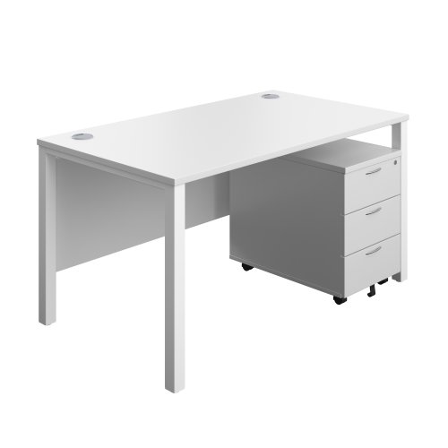 Goal Post Rectangular Desk + 3 Drawer Mobile Pedestal (FSC) 1400x800 White/White
