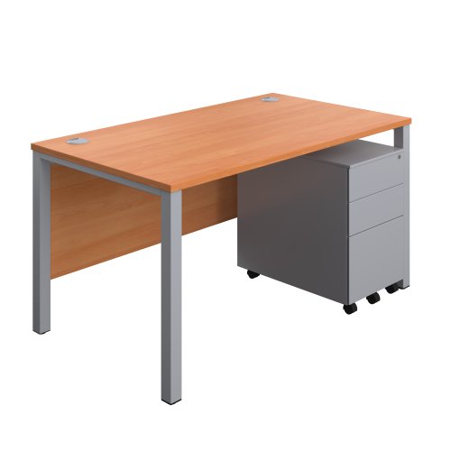 Goal Post Rectangular Desk + 3 Drawer Steel Pedestal (FSC) 1400x800 Beech/Silver