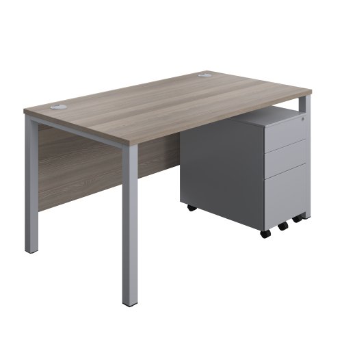 Goal Post Rectangular Desk + 3 Drawer Steel Pedestal (FSC) 1400x800 Grey oak/Silver