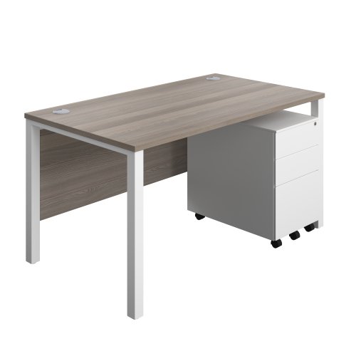 Goal Post Rectangular Desk + 3 Drawer Steel Pedestal (FSC) 1400x800 Grey oak/White