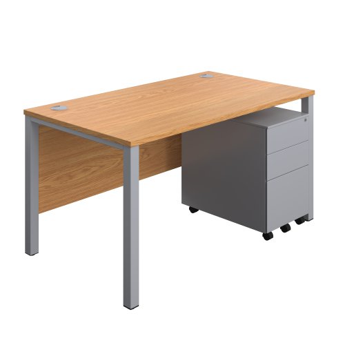 Goal Post Rectangular Desk + 3 Drawer Steel Pedestal (FSC) 1400x800 Nova oak/Silver