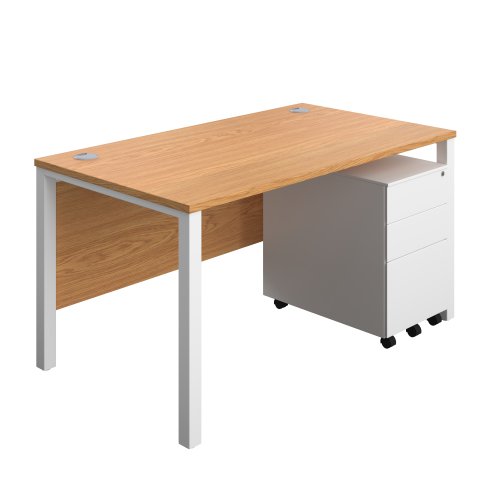 Goal Post Rectangular Desk + 3 Drawer Steel Pedestal (FSC) 1400x800 Nova oak/White