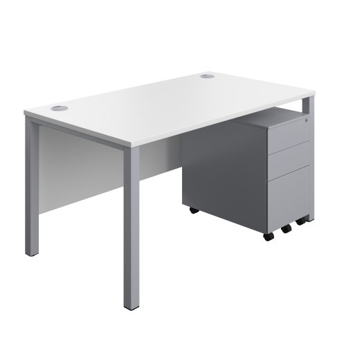 Goal Post Rectangular Desk + 3 Drawer Steel Pedestal (FSC) 1400x800 White/Silver