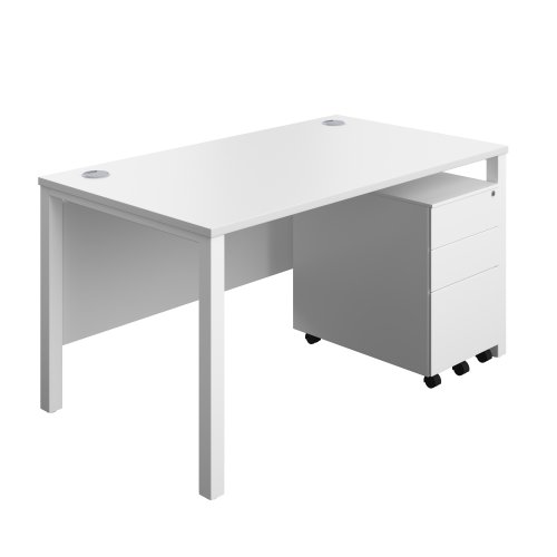 Goal Post Rectangular Desk + 3 Drawer Steel Pedestal (FSC) 1400x800 White/White