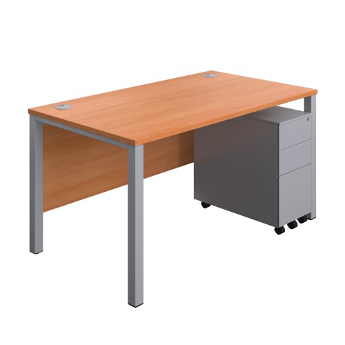 Goal Post Rectangular Desk + 3 Drawer Slimline Steel Pedestal (FSC) 1400x800 Beech/Silver