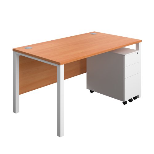 Goal Post Rectangular Desk + 3 Drawer Slimline Steel Pedestal (FSC) 1400x800 Beech/White