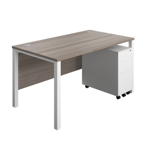 Goal Post Rectangular Desk + 3 Drawer Slimline Steel Pedestal (FSC) 1400x800 Grey oak/White