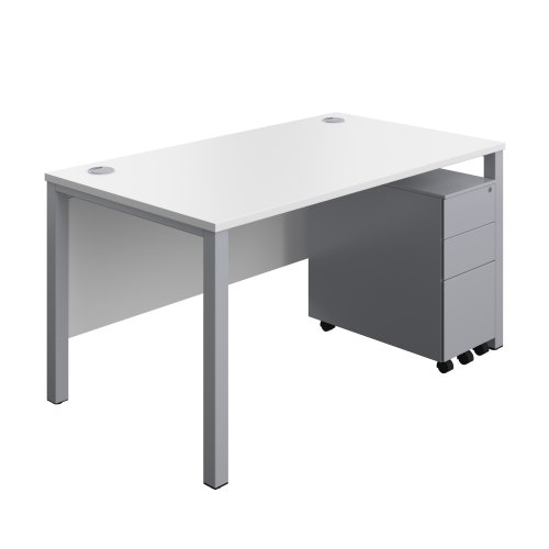 Goal Post Rectangular Desk + 3 Drawer Slimline Steel Pedestal (FSC) 1400x800 White/Silver