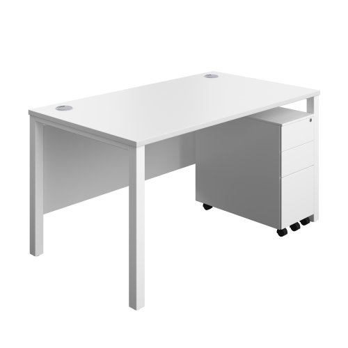 Goal Post Rectangular Desk + 3 Drawer Slimline Steel Pedestal (FSC) 1400x800 White/White
