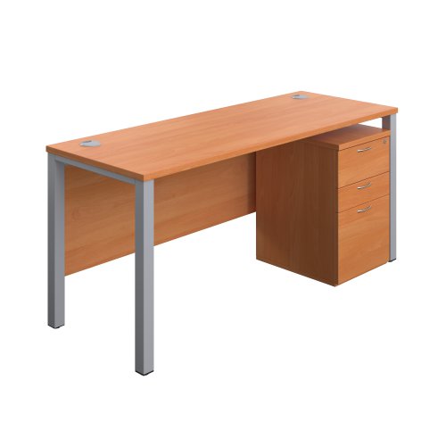 Goal Post Rectangular Desk + 3 Drawer High Mobile Pedestal (FSC) 1600x600 Beech/Silver