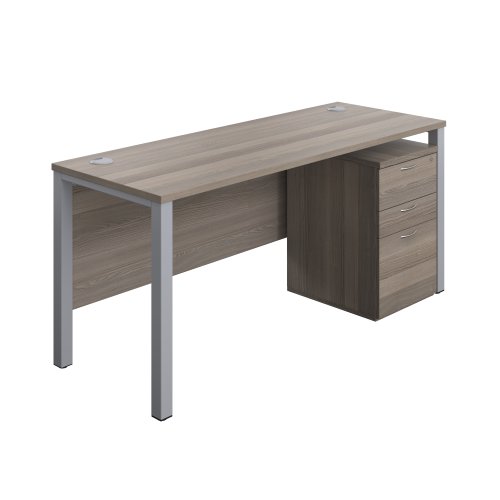 Goal Post Rectangular Desk + 3 Drawer High Mobile Pedestal (FSC) 1600x600 Grey oak/Silver