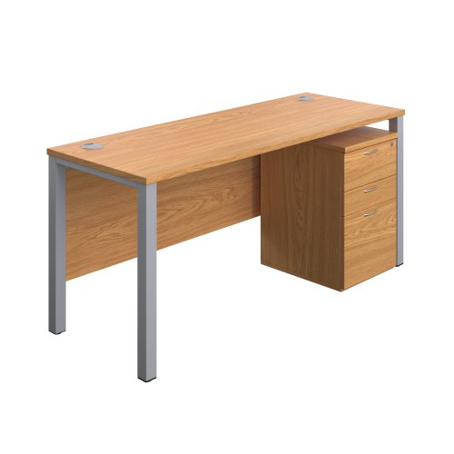 Goal Post Rectangular Desk + 3 Drawer High Mobile Pedestal (FSC) 1600x600 Nova oak/Silver