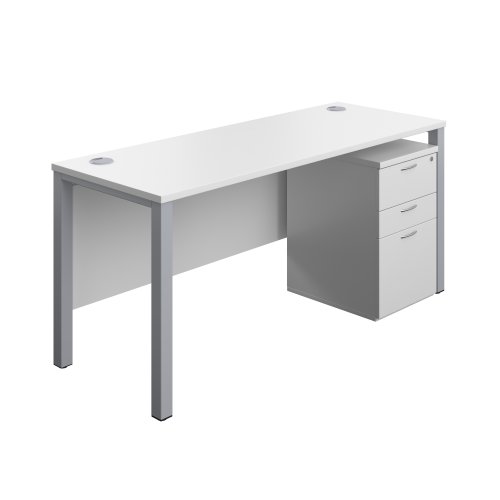 Goal Post Rectangular Desk + 3 Drawer High Mobile Pedestal (FSC) 1600x600 White/Silver