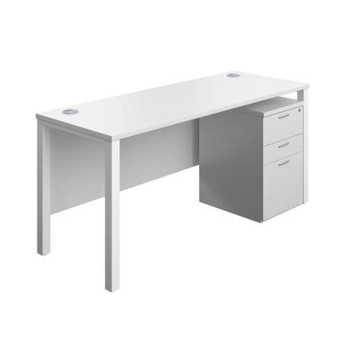 Goal Post Rectangular Desk + 3 Drawer High Mobile Pedestal (FSC) 1600x600 White/White