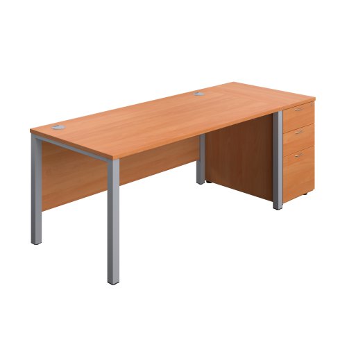 Goal Post Rectangular Desk + 3 Drawer Desk High Pedestal (FSC) 1600x800 Beech/Silver