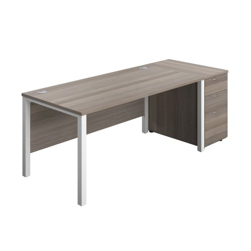 Goal Post Rectangular Desk + 3 Drawer Desk High Pedestal (FSC) 1600x800 Grey oak/White