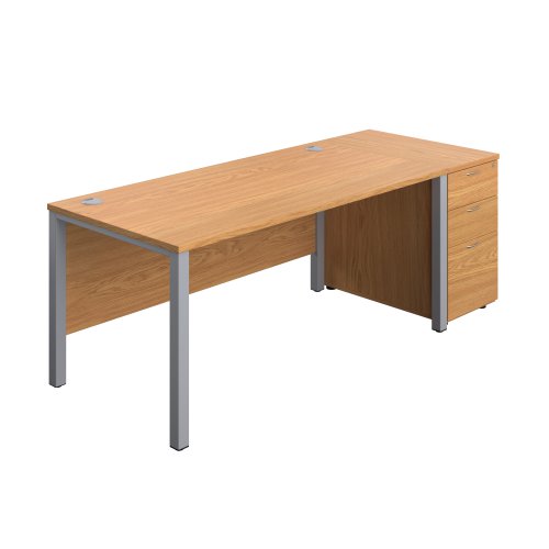 Goal Post Rectangular Desk + 3 Drawer Desk High Pedestal (FSC) 1600x800 Nova oak/Silver