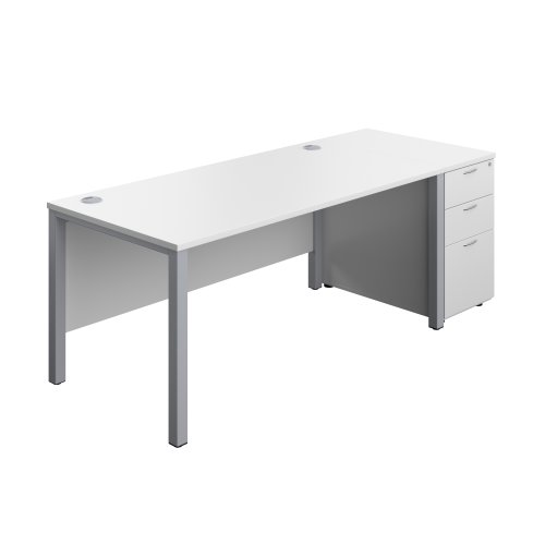 Goal Post Rectangular Desk + 3 Drawer Desk High Pedestal (FSC) 1600x800 White/Silver