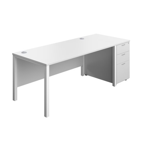Goal Post Rectangular Desk + 3 Drawer Desk High Pedestal (FSC) 1600x800 White/White