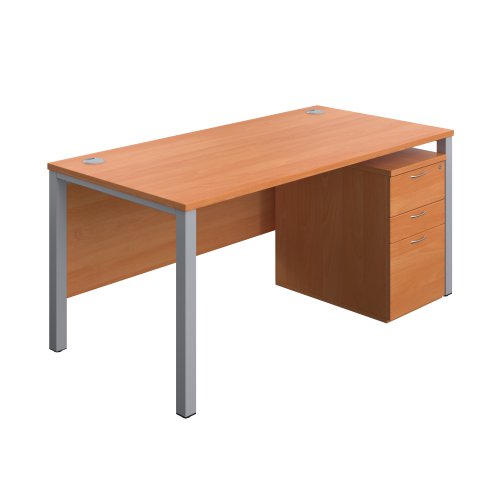 Goal Post Rectangular Desk + 3 Drawer High Mobile Pedestal (FSC) 1600x800 Beech/Silver