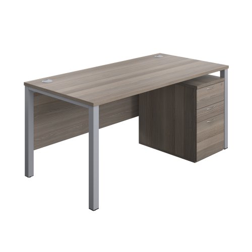 Goal Post Rectangular Desk + 3 Drawer High Mobile Pedestal (FSC) 1600x800 Grey oak/Silver