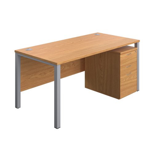 Goal Post Rectangular Desk + 3 Drawer High Mobile Pedestal (FSC) 1600x800 Nova oak/Silver