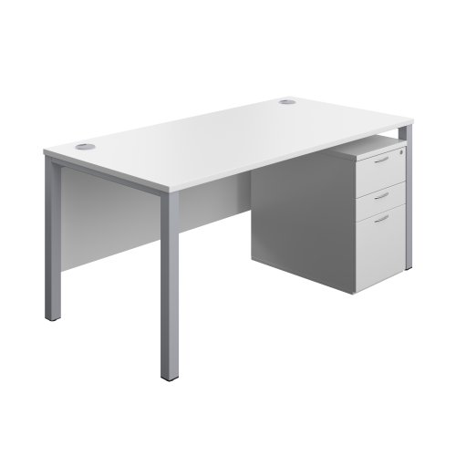 Goal Post Rectangular Desk + 3 Drawer High Mobile Pedestal (FSC) 1600x800 White/Silver